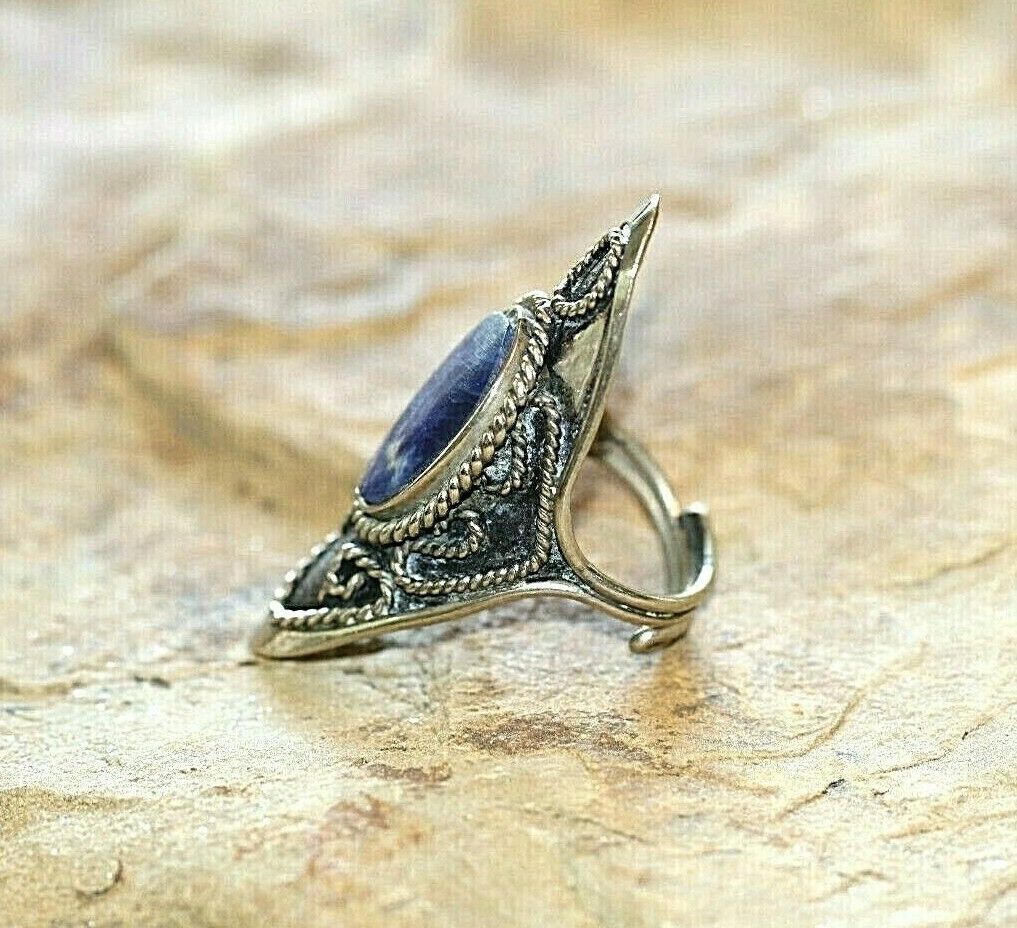 *VINTAGE*  Lapis Tibetan Long Silver Bohemian Handmade Ring Size Adjustable