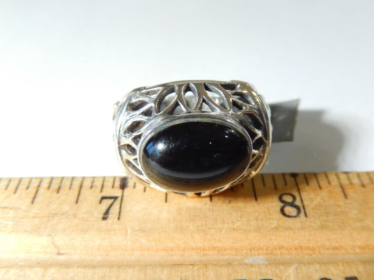 *VINTAGE*  THICK - Sterling Silver Black Onyx Filagree Scroll Dome Ring Size 6.5