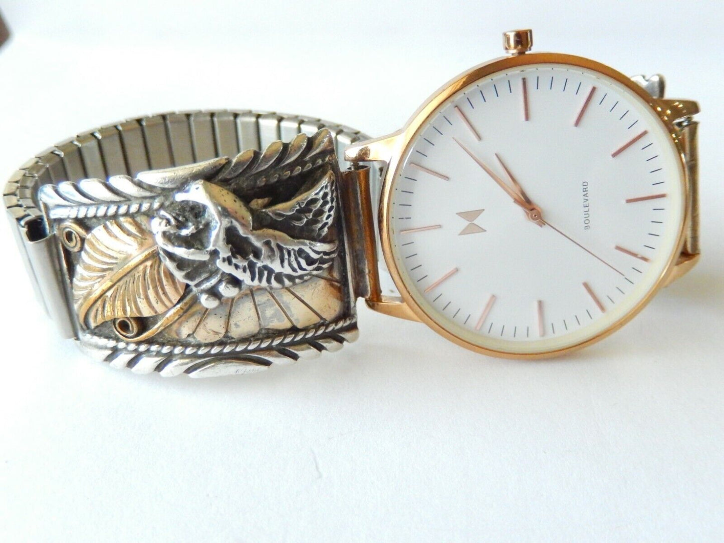 Signed Navajo 14K Gold Sterling Silver Men's Watch Band  w/ MVMT Quartz Watch
