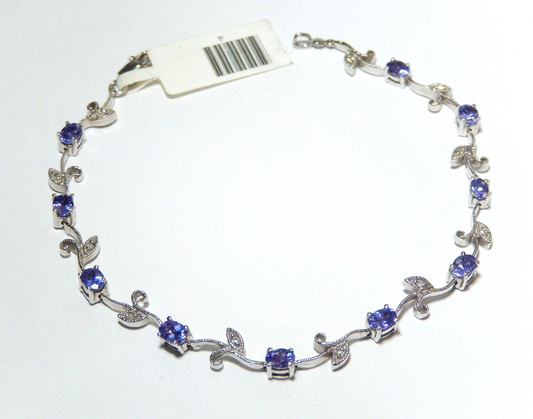 *NWT* 14K White Gold 2.00 CT Natural Tanzanite  & Diamond Flower Bracelet 7"