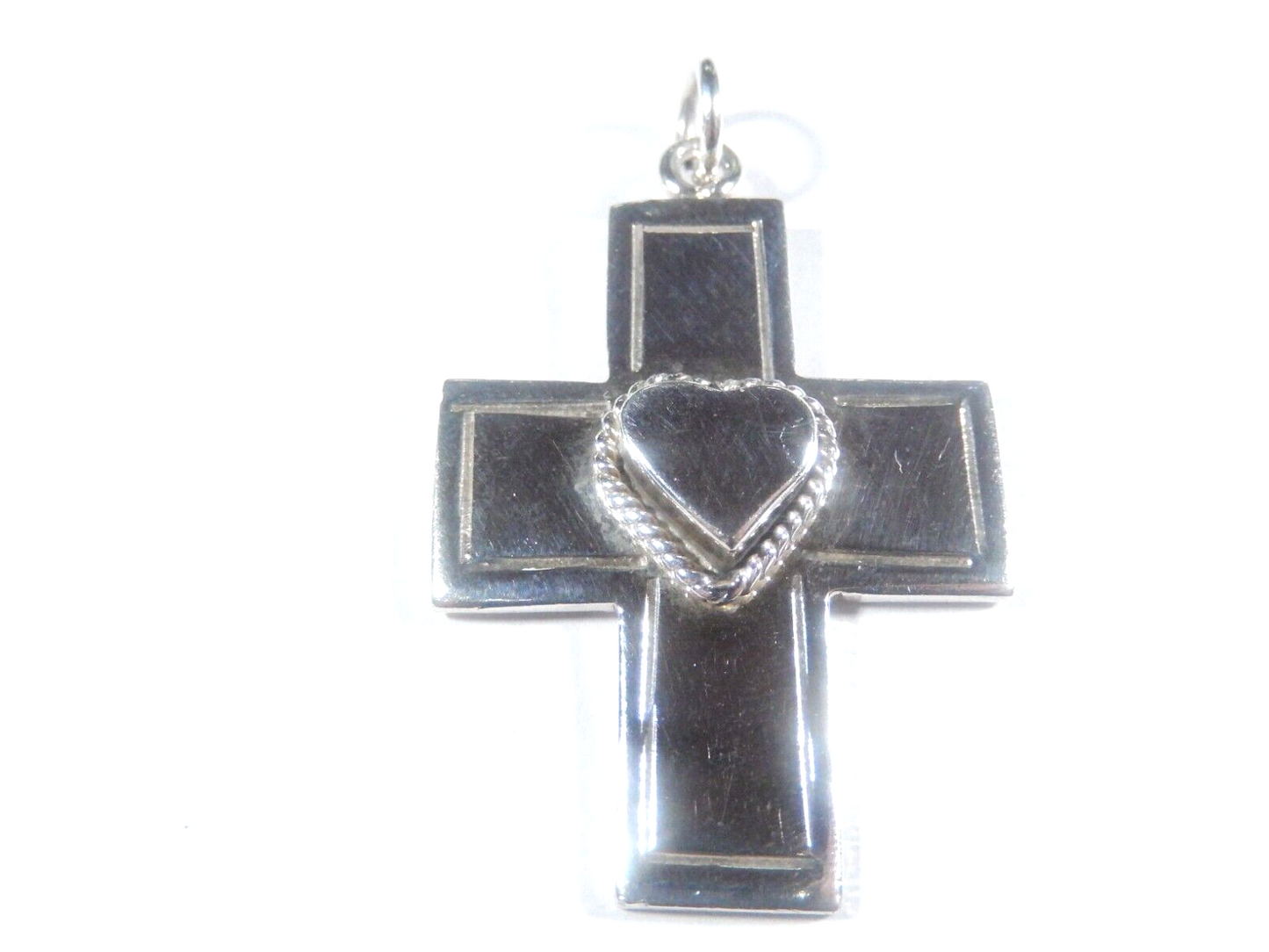 *VINTAGE*  Taxco 925 Sterling Silver Lined Heart Cross Pendant Mexico TB-45