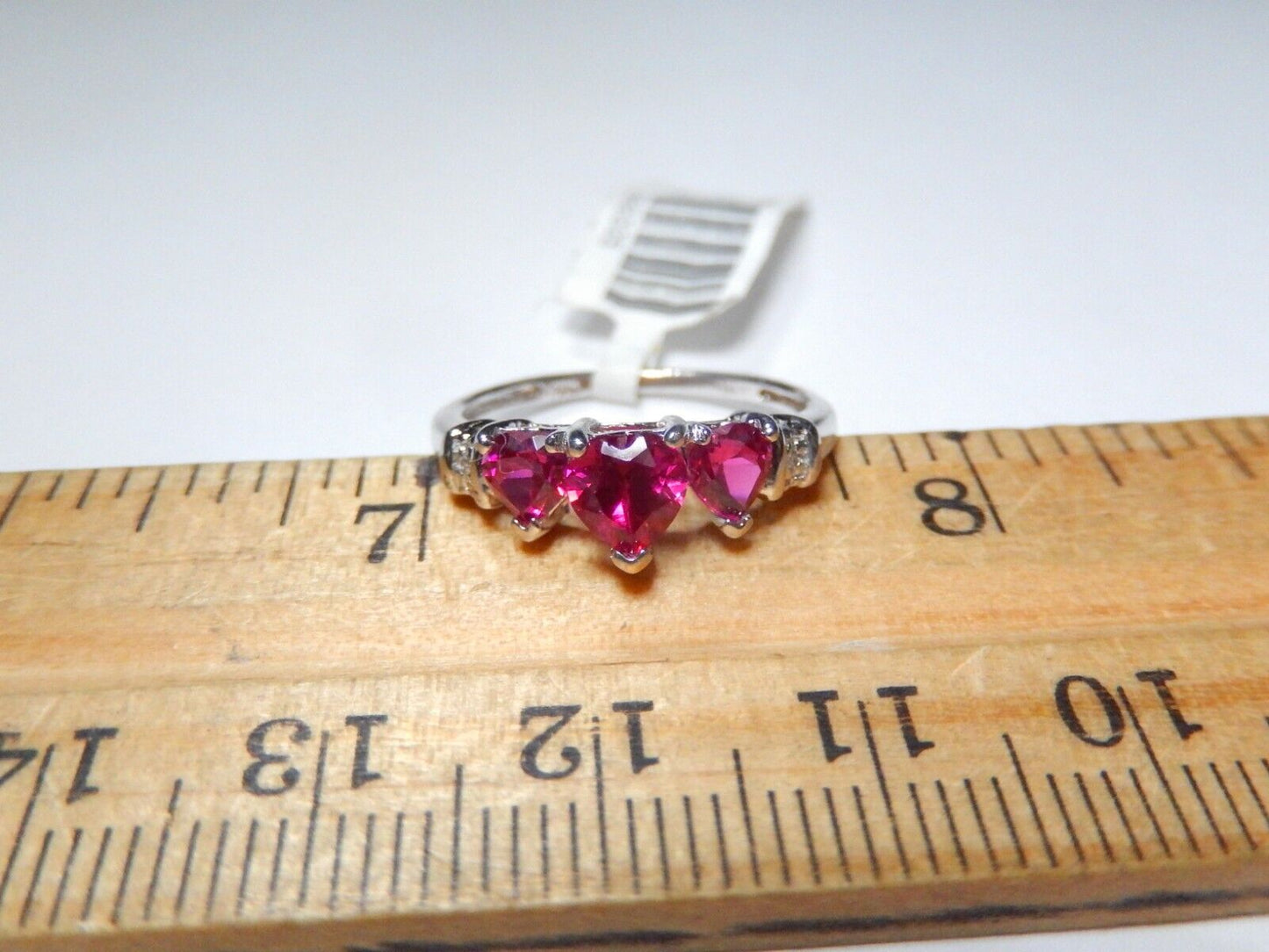 *NWT*  10k White Gold Three Stone Heart Lab Created Ruby & Diamonds Ring Sz 6.25