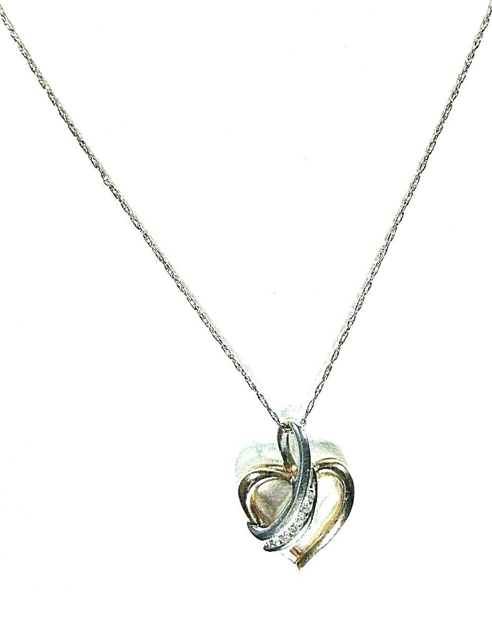 *VINTAGE* 10K Two Tone Gold Round Natural Diamond Heart Pendants w/ 20" 14K Chn
