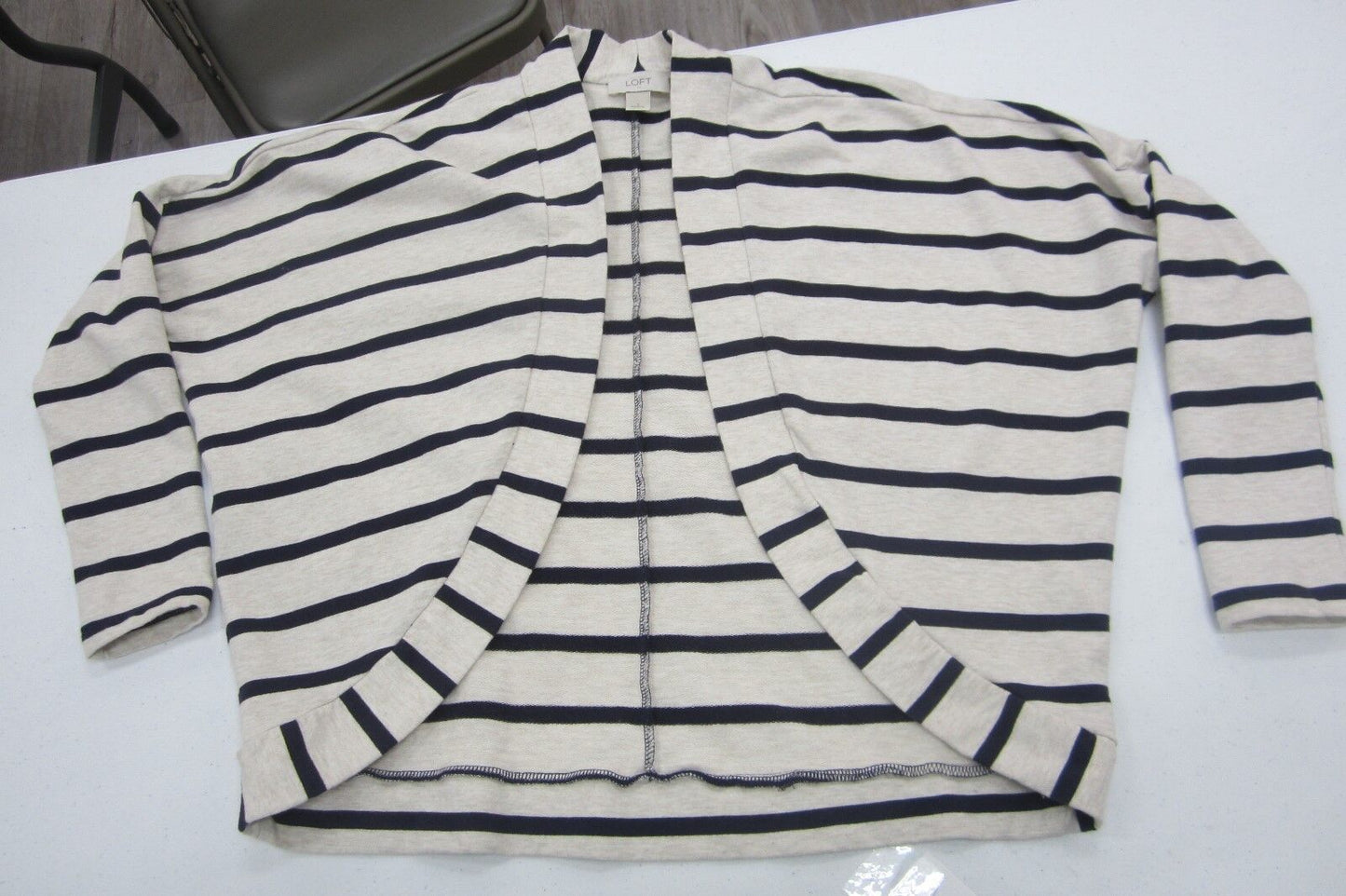 *MINT*  Ann Taylor LOFT Beige/Navy Stripe Cotton Cardigan Size Small EUC