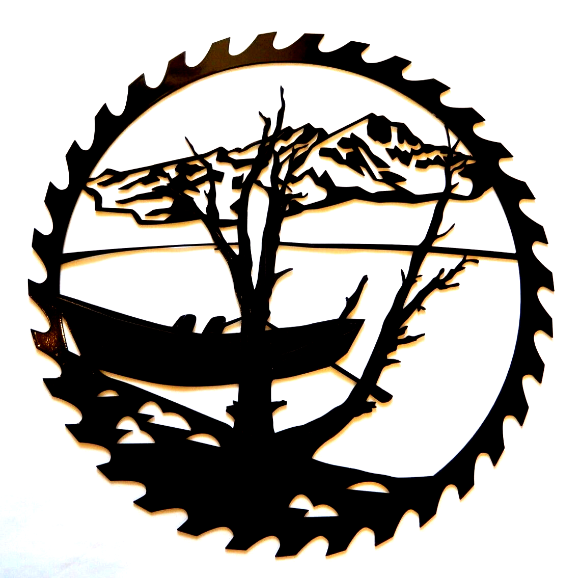 ~NEW~ 14ga. LARGE "BOAT & TREE SAWBLADE SCENE" Black Metal Wall Art -20"