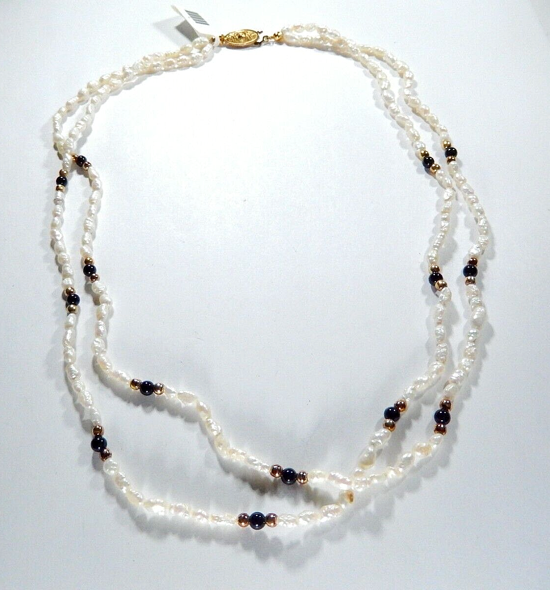 Double  Strand 18" Rice White Pearl & Black Onyx & Gold Bead Necklace