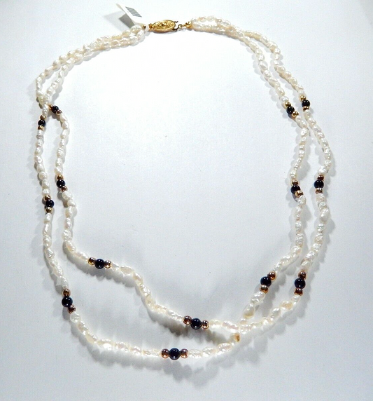 Double  Strand 18" Rice White Pearl & Black Onyx & Gold Bead Necklace