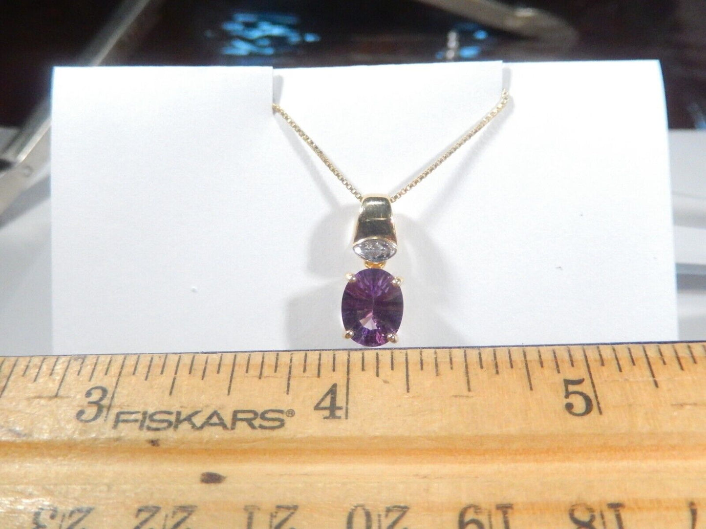 VINTAGE  14k Yellow Gold Oval Shaped Amethyst and Diamond Pendant with 18" Chain