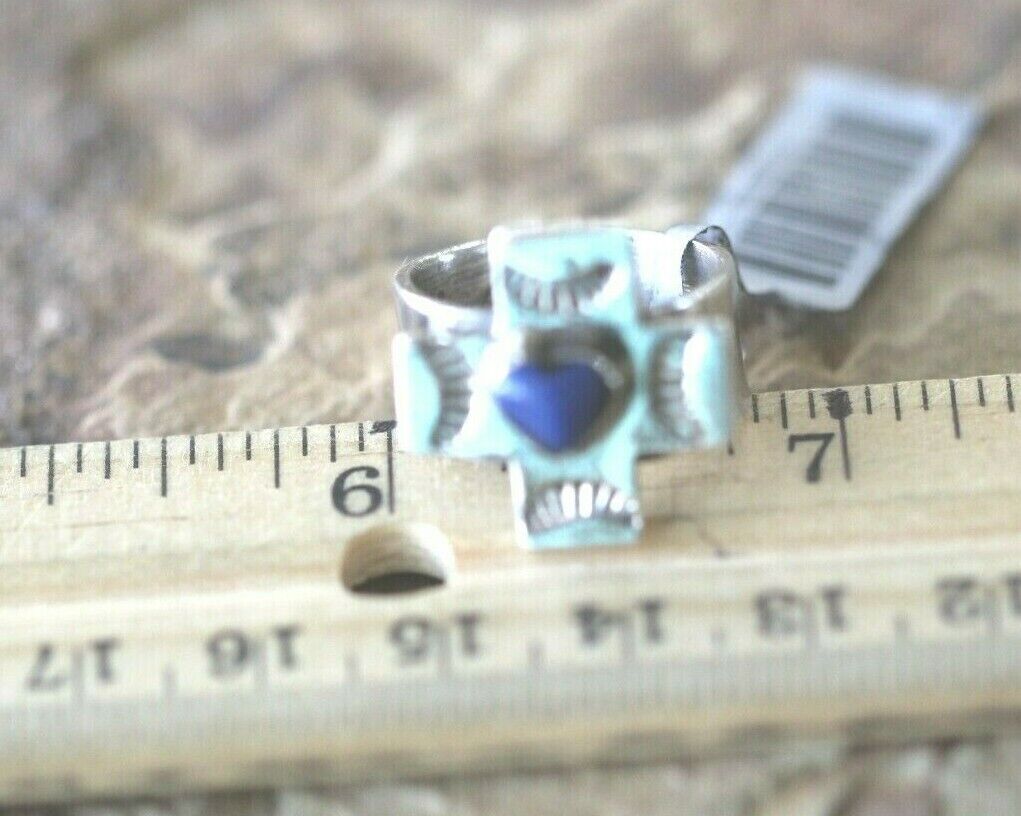 *VINTAGE* SIGNED STERLING SILVER MEXICO LAPIS LAZULI CROSS RING SIZE 6.5