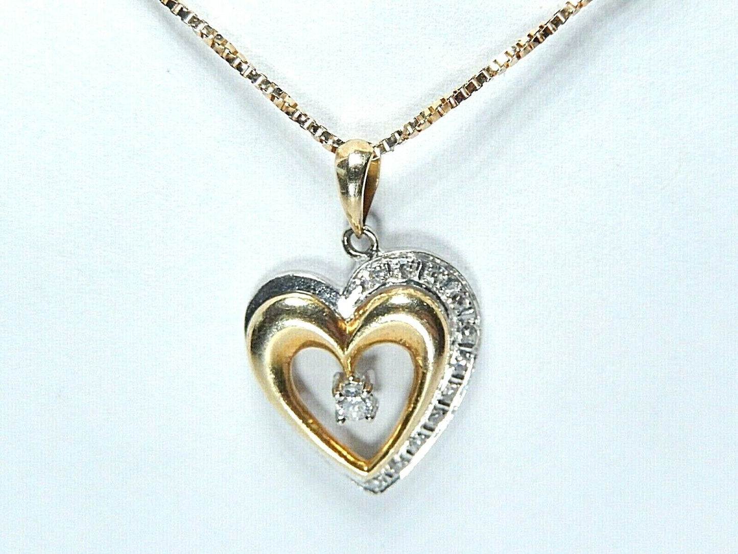 *VINTAGE*  14K Two Tone Gold Natural  Diamond Heart Pendant w/16" 14K YG Chain