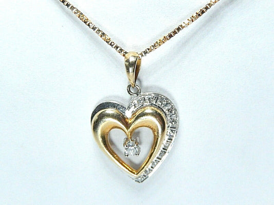 *VINTAGE*  14K Two Tone Gold Natural  Diamond Heart Pendant w/16" 14K YG Chain