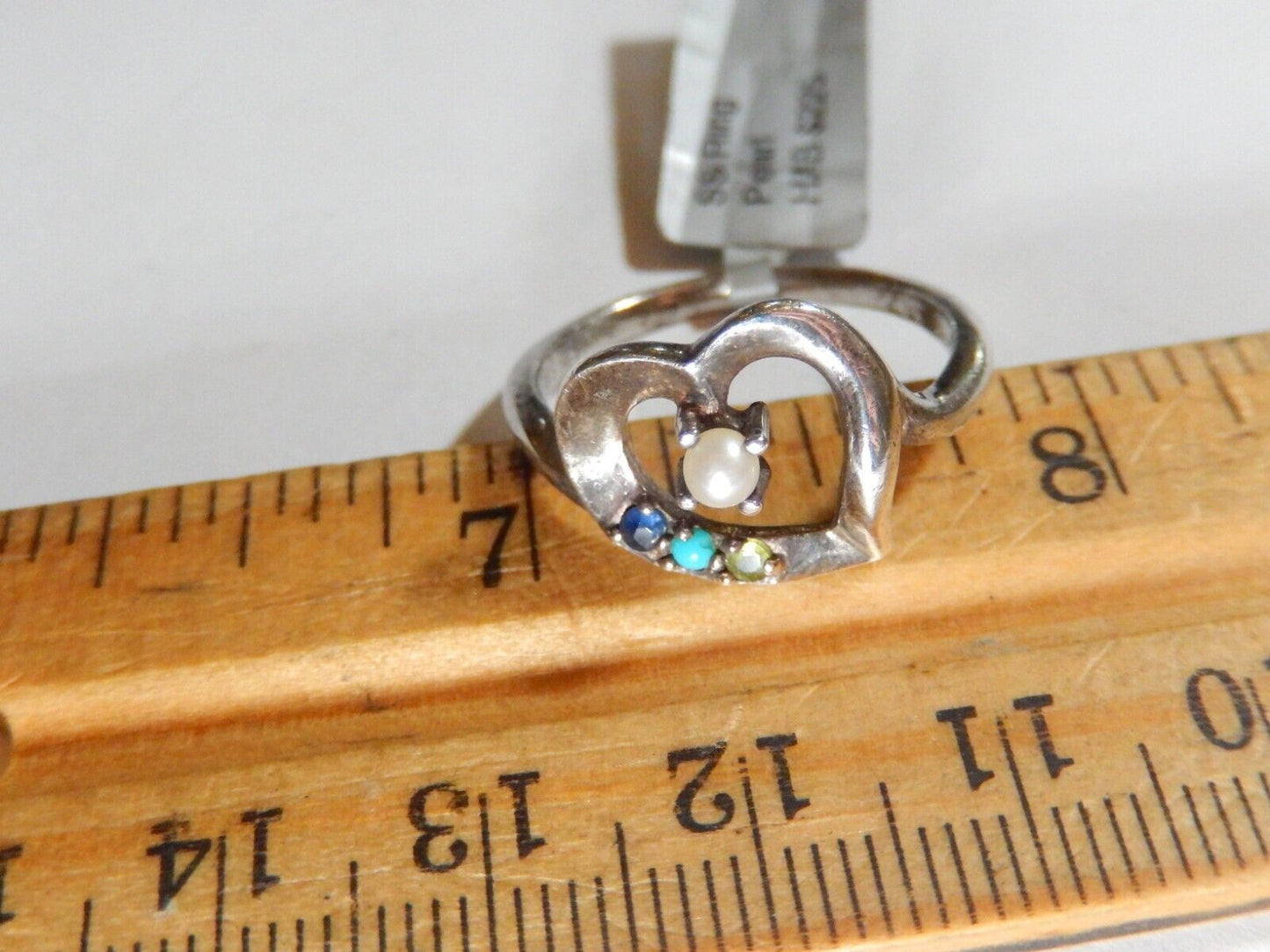 *VINTAGE*  OPEN HEART PEARL & GEMSTONE STERLING SILVER 925 RING SIZE 8.5