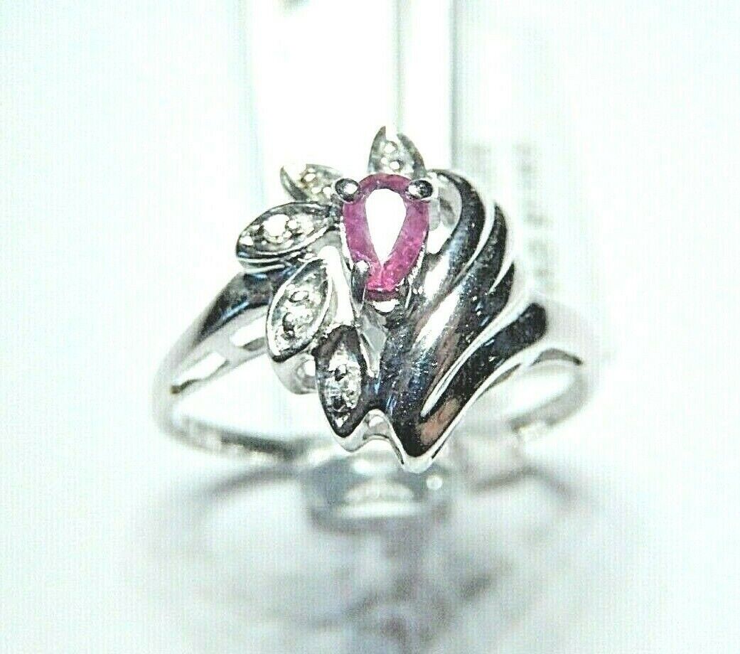 *NWT* 10K WHITE GOLD NATURAL RUBY & DIAMOND LADIES RING SIZE 7.25