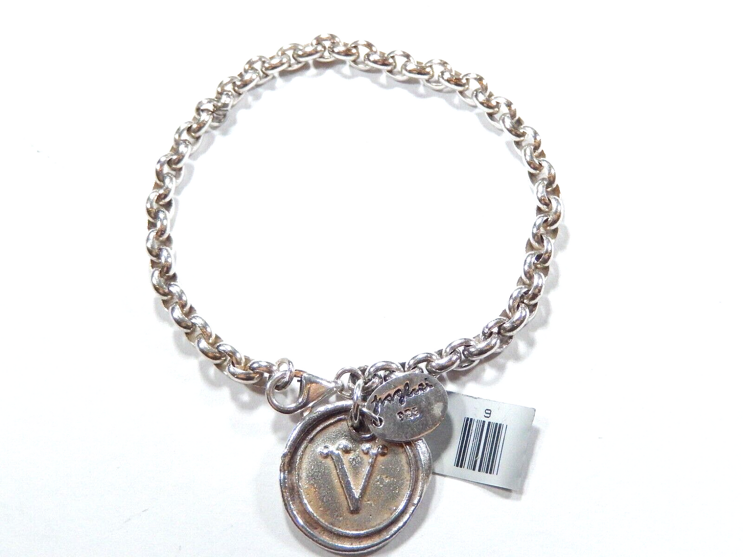 *VINTAGE*  Thick 4.0mm Sterling Silver Rolo Link Charm Bracelet 7' w/ initial V