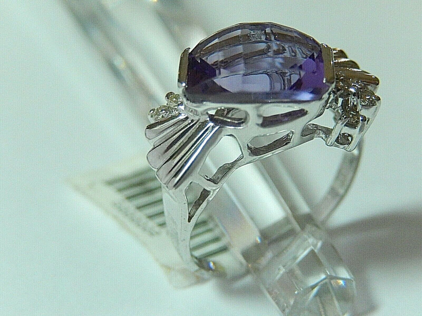 *VINTAGE* 14k White Gold Fancy Cut Amethyst Bezel Set Diamond Ring Sz 8.25