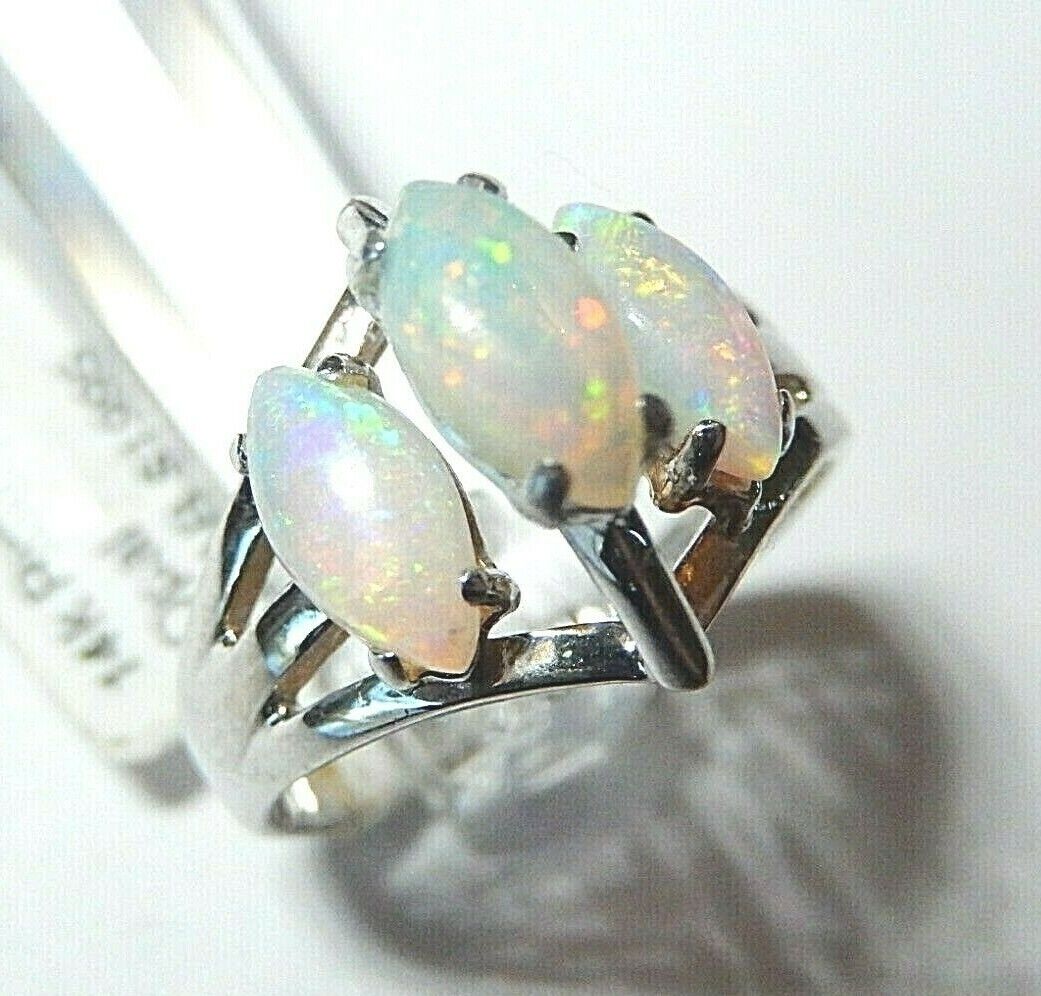 *NWT* 14K White Gold 1.50CT Navette Cut Natural Opal Three Stone Ring Size 7