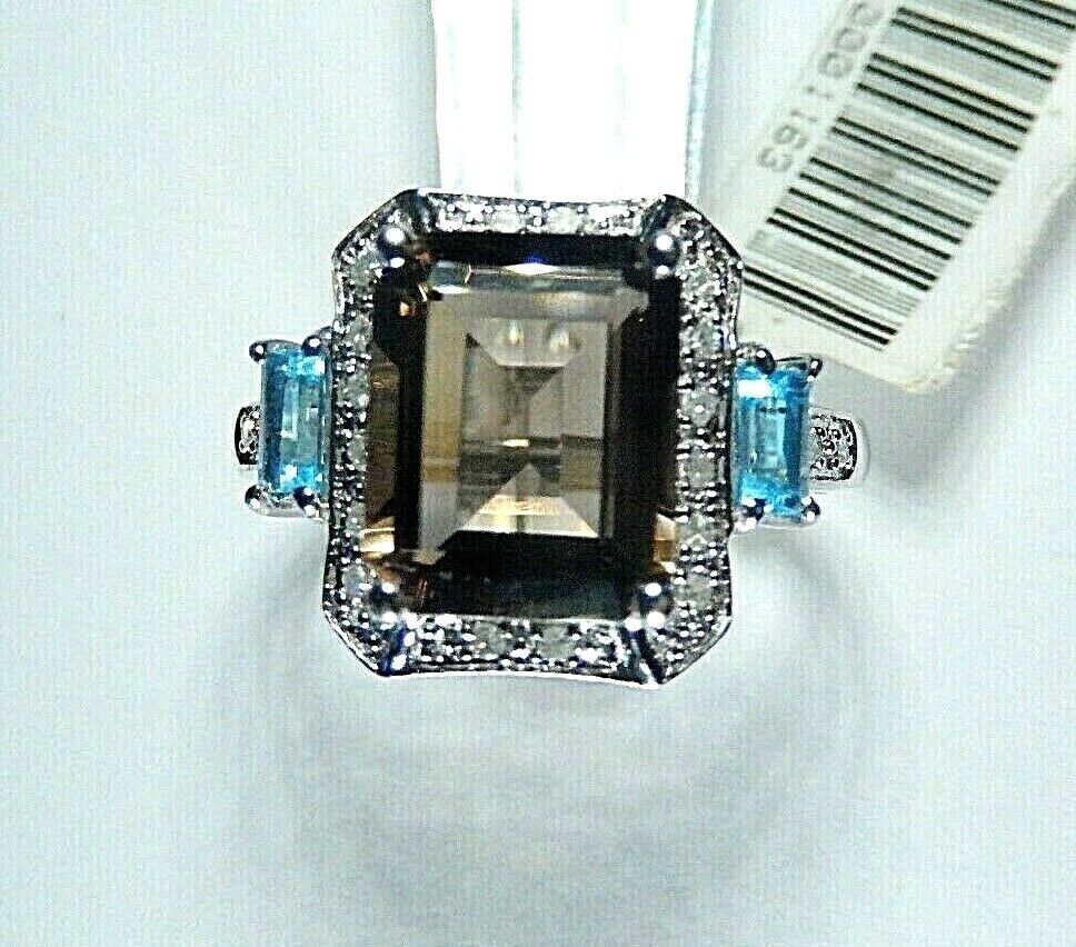 14K White Gold Smoky Quartz / Blue Topaz & Diamond Halo Ring Size 7.5