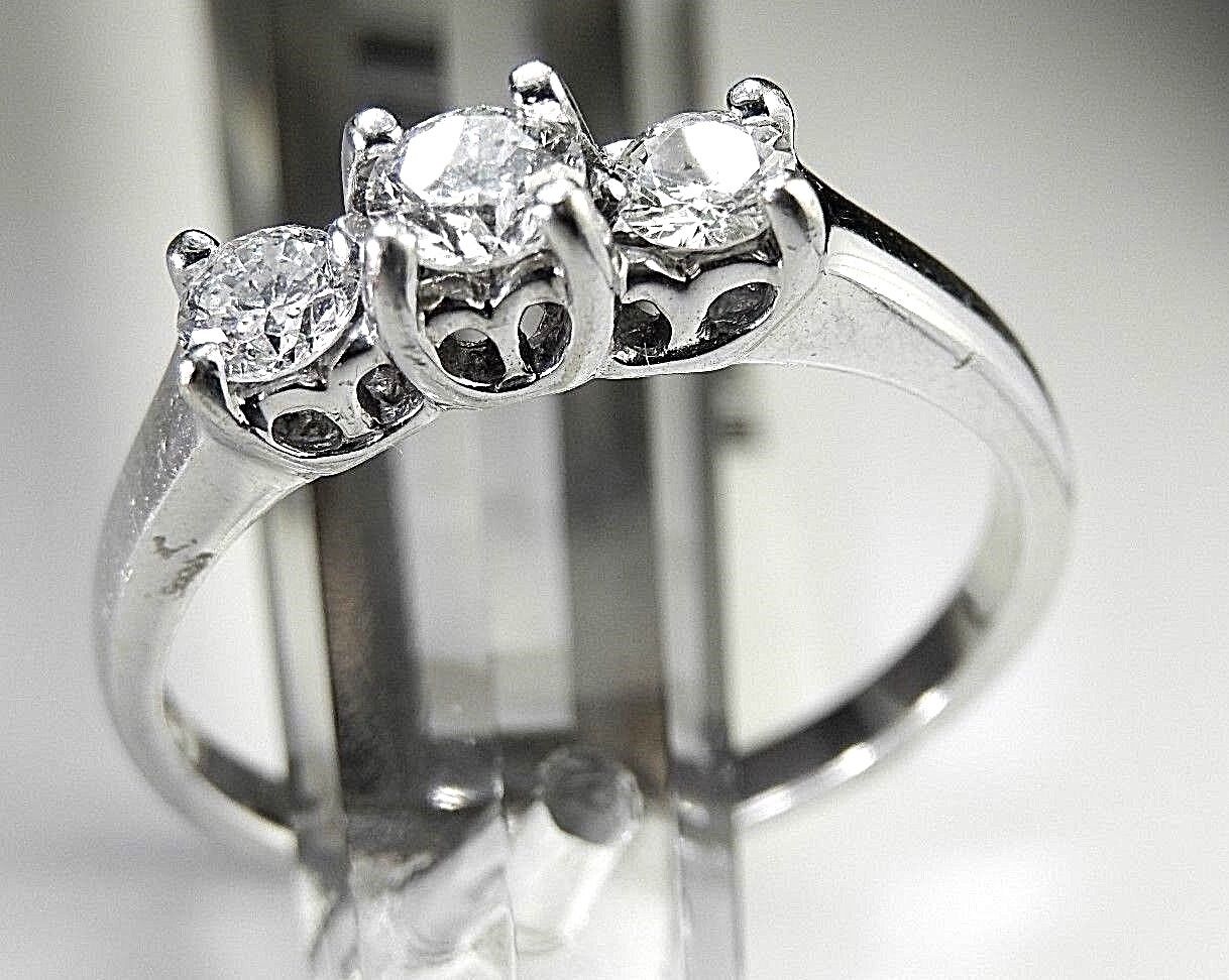 14k White Gold .50 CT Round Natural Diamond 3-Stone Past Present Future Ring