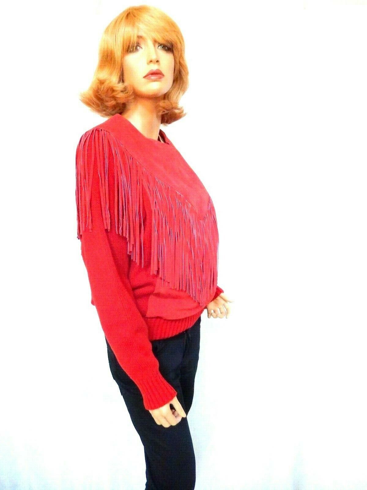 *RARE*VINTAGE PIONEER WEAR Cowgirl Red Leather Suede Fringe Sweater Womens Sz L