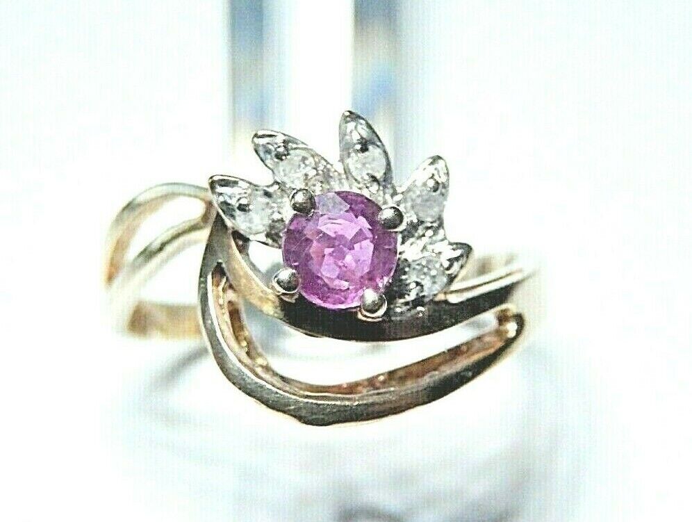 *VINTAGE*  10K Yellow Gold Amethyst & Diamond Ring Size 7.5