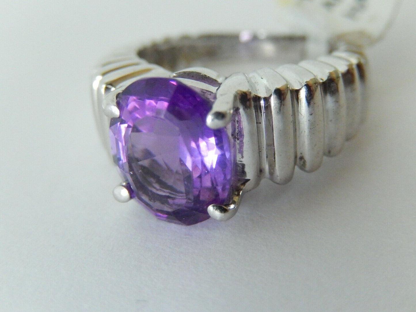 *VINTAGE MODERN* 14k White Gold Oval Deep Purple Amethyst Solitaire  Ring Sz 5