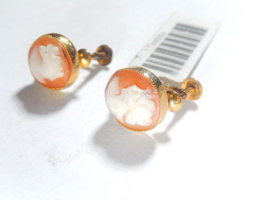 Antique Victorian "AMCO"  10k Yellow Gold  Cameo Screw Earrings
