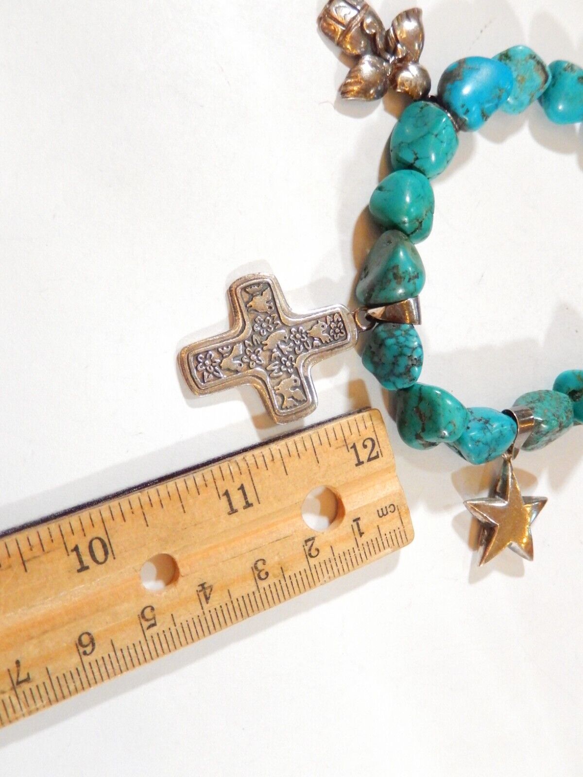 *VINTAGE* Sterling Silver Charms And Turquoise Chunky Beaded Bracelet 9"