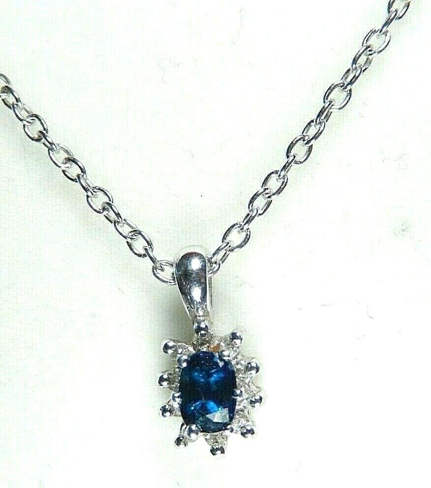 *NWT* 14k White Gold Oval Sapphire And Diamond Pendant with 18" Chain