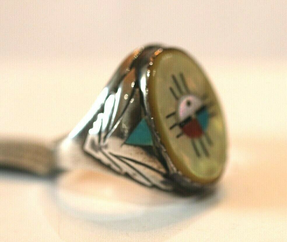 LG MEN'S ZUNI MOTHER OF PEARL INLAY STERLING SILVER MULTI STONE RING SZ 12.75