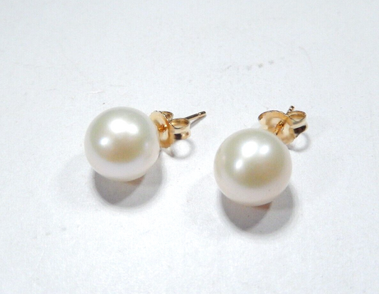 14K Yellow Gold 9mm Cream White Round Pearl Push Back Stud Earrings