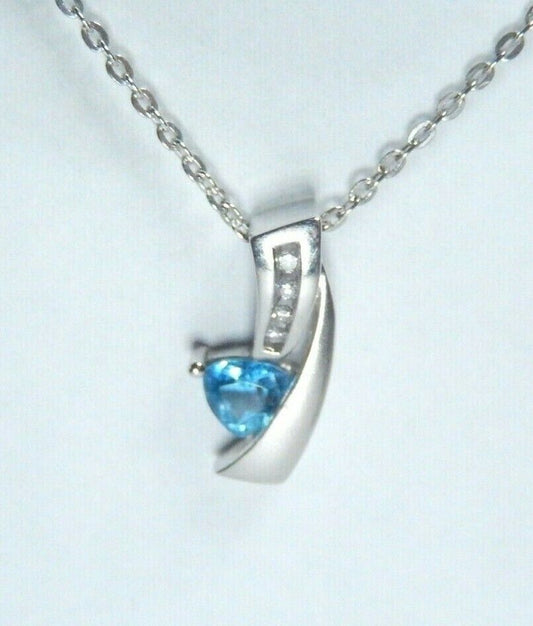 *NWT* 10K White Gold Triangle Blue Topaz and Diamond Slide Pendant w/18" Chain