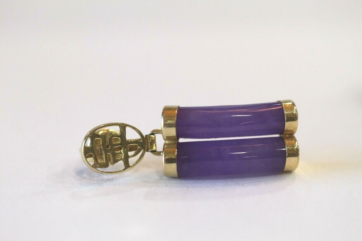 *VINTAGE*  14k Yellow Gold LONGEVITY Chinese Symbol  Amethyst Dangle Earrings