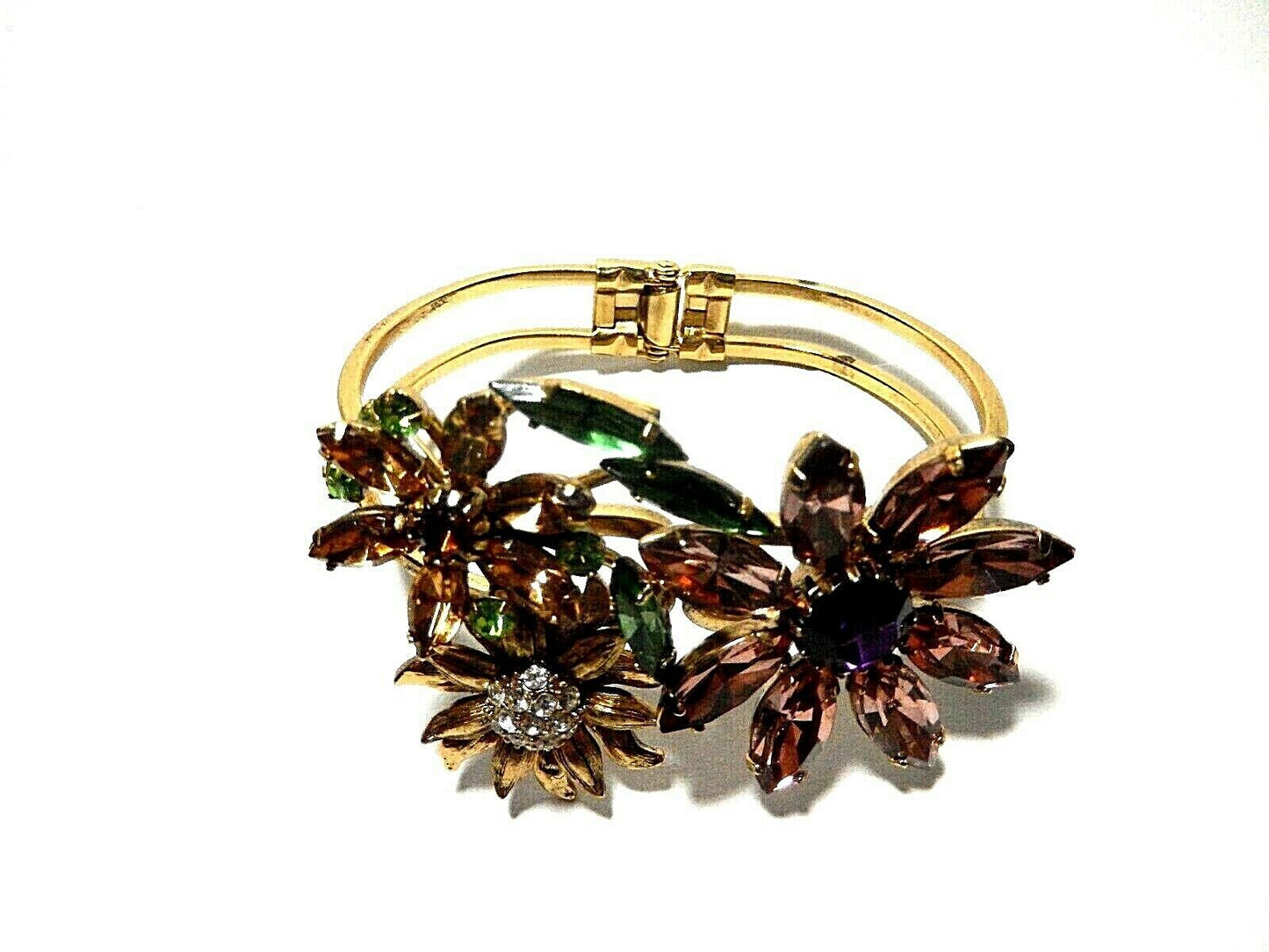 *NEW*  Fossil Rhinestone Flower Gold Tone Hinge Cuff Statement Bangle Bracelet