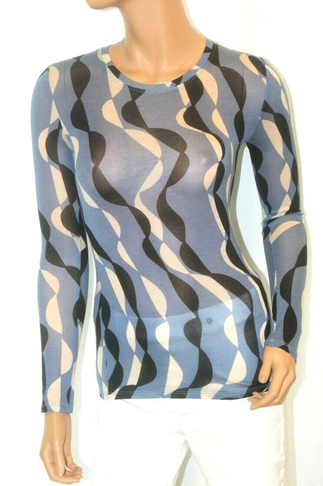 *NWT* $88. BCBG Agda "SEXY" Blue/Black/White Stretch Knit Top Long Sleeve Sz XXS