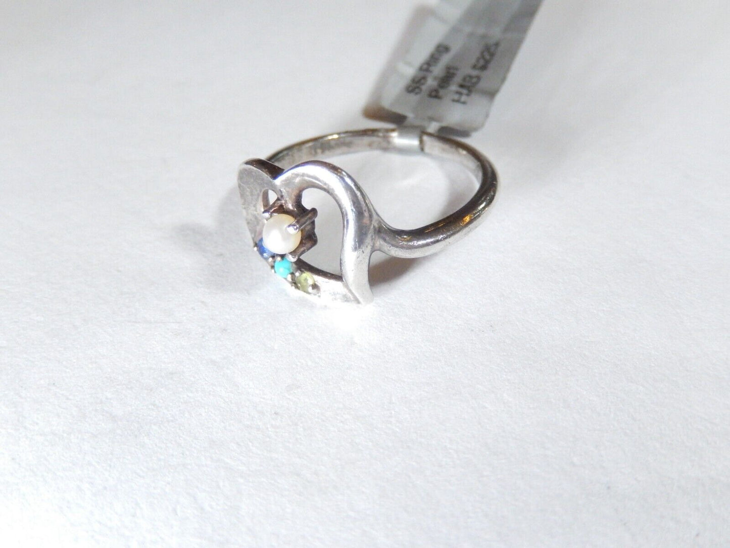 *VINTAGE*  OPEN HEART PEARL & GEMSTONE STERLING SILVER 925 RING SIZE 8.5