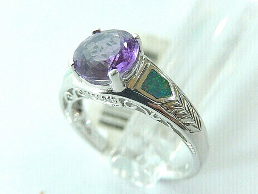 14K White Gold Ring with 2CT Amethyst / 2-Opals / 6-Diamonds /  Size 8.25