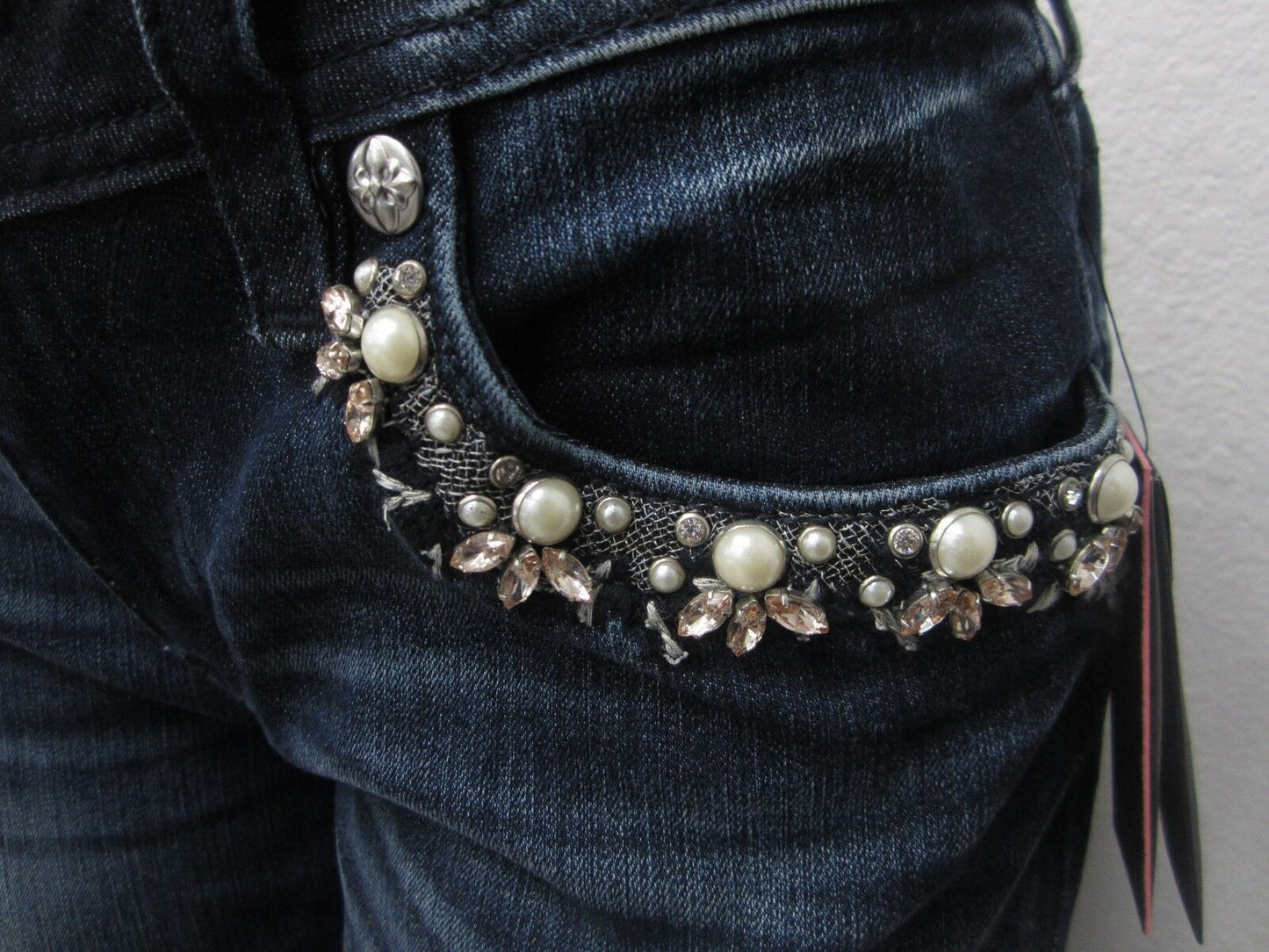 NWT Miss Me Wild Flower Mid-Rise Boot Cut Jeans Pearl & Crystal Trim MP7249B2V