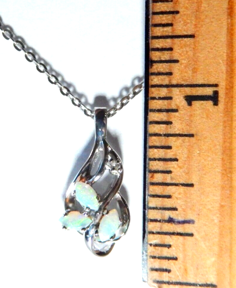 10k White Gold Marquise Opal And Diamond Free Form  Pendant with 18" Chain