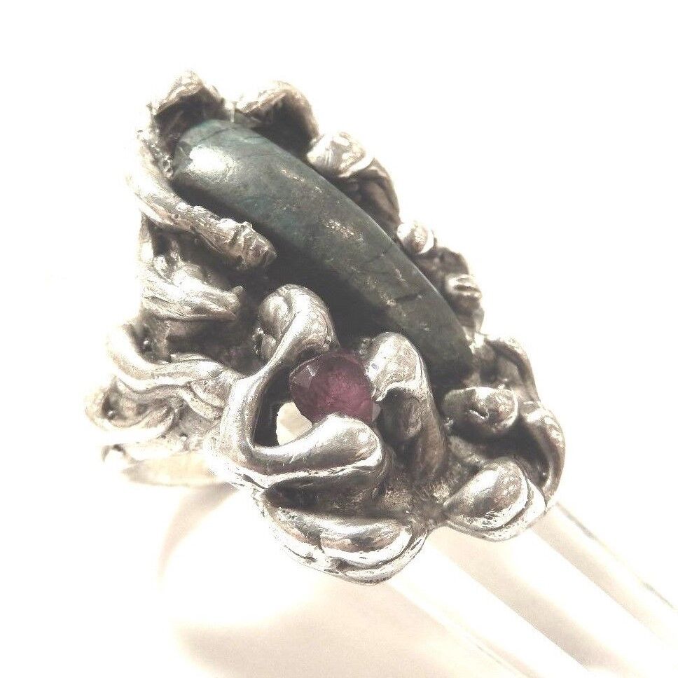 UNIQUE / ANTIQUE VINTAGE STERLING TURQUOISE & RUBY HANDMADE RING SIZE 8
