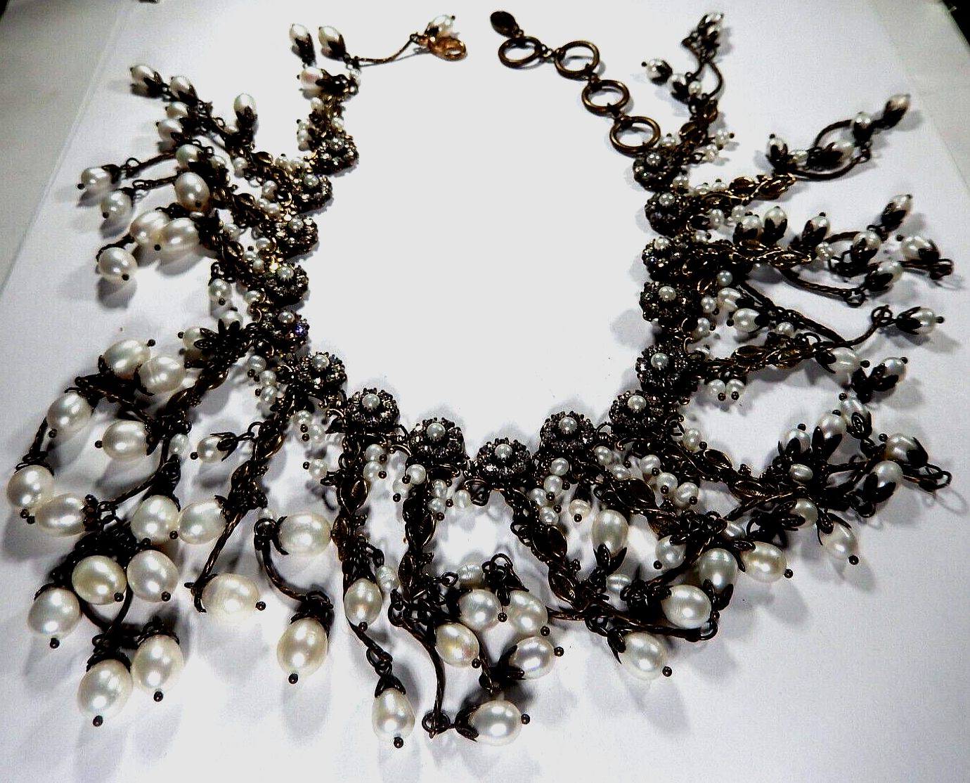 *VINTAGE*  Kenny Ma San Francisco 13" Necklace Flowers White Pearls Rhinestones