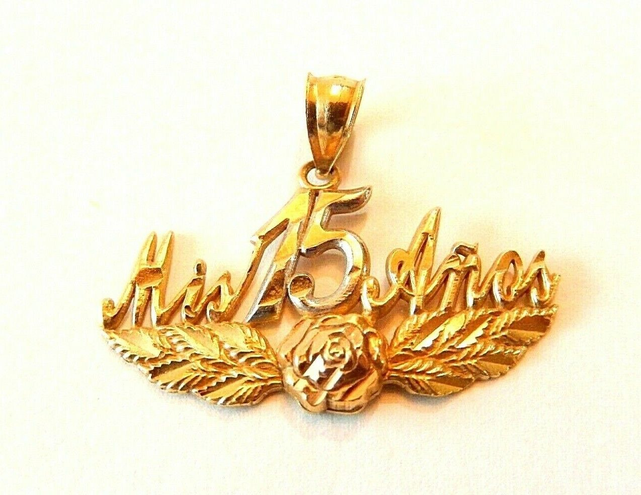 14K Tri-Color Gold My 15 Anos Quinceanera Fifteen  Pendant - 1 1/8"W x 7/8"H