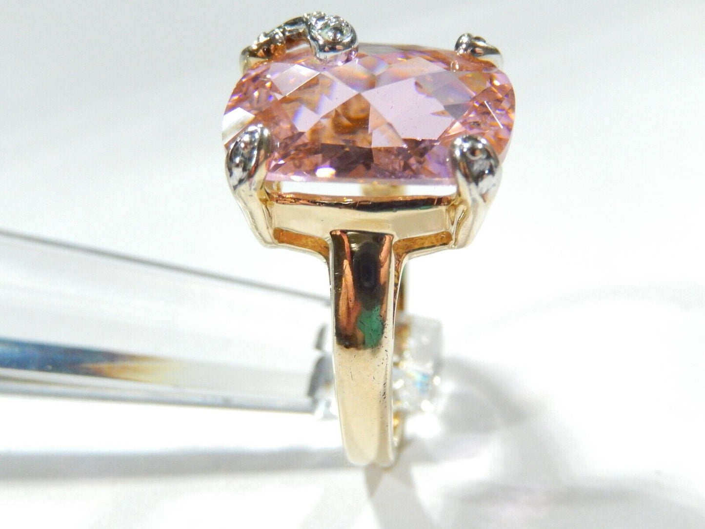 *VINTAGE*  Sterling Gold Vermeil CZ Pink 16.0CT Rectangle Cocktail Ring Size 8