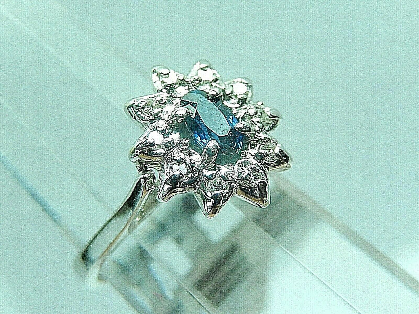 14K White Gold Oval Cut Natural Blue Sapphire & Diamond Halo Ring Sz 5.5