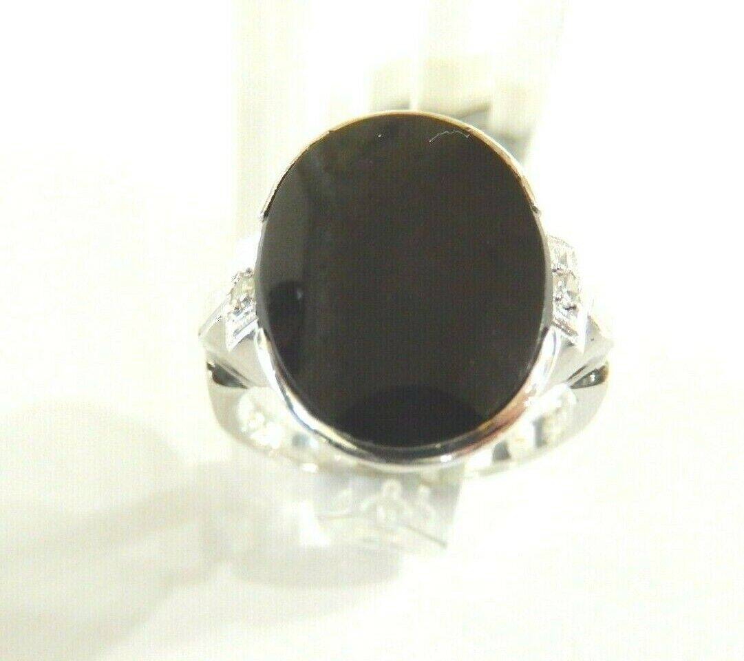 *VINTAGE* 14k White Gold Large 5.00 CT Oval Black Onyx & Diamond Ring Size 6.25
