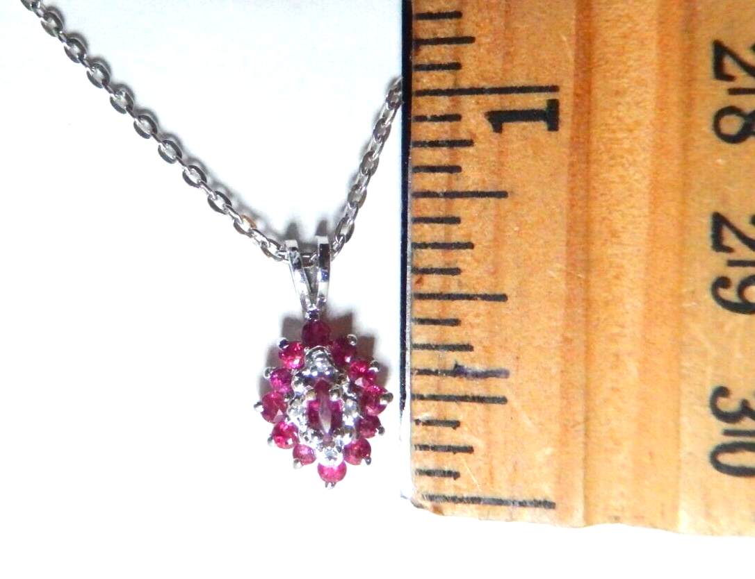 10k White Gold Oval Natural Ruby and Diamond  Necklace with 18" Chain