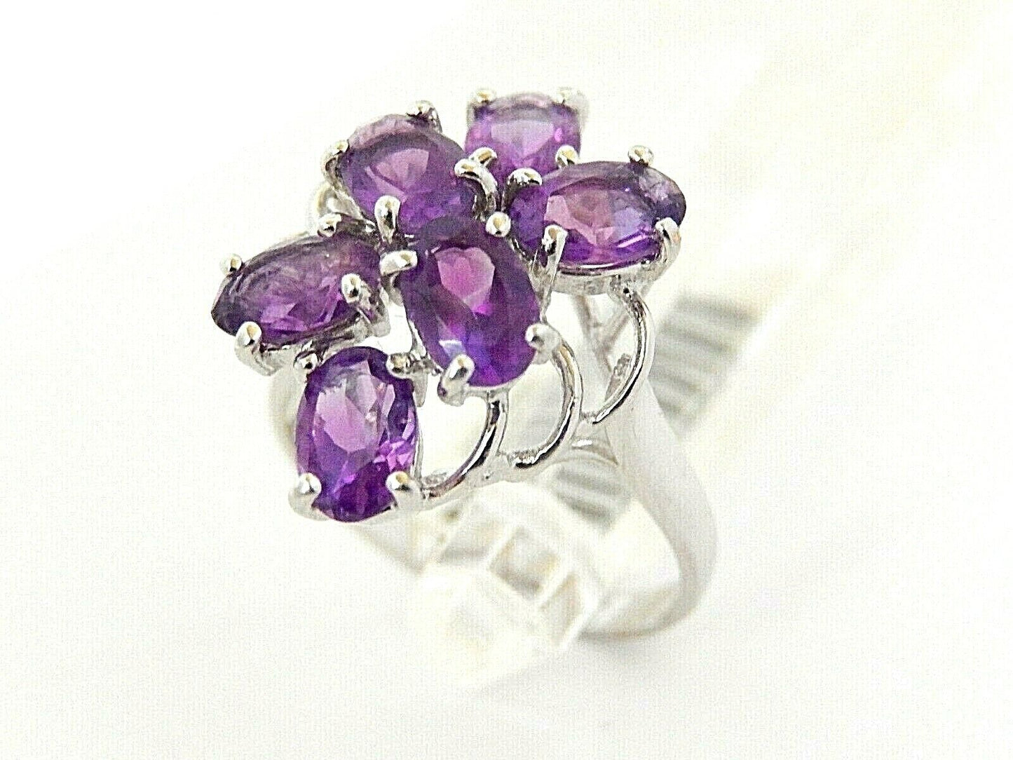 14K White Gold Genuine 3.00CT Six Oval Amethyst Cluster  Ring Size 7.5