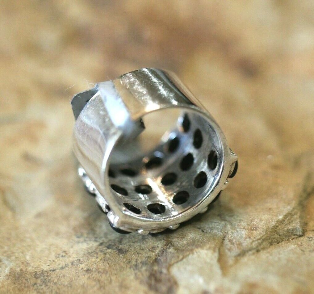 *VINTAGE* HEAVY LARGE  BLACK ONYX STERLING SILVER 15MM WIDE BAND RING SIZE 7.75