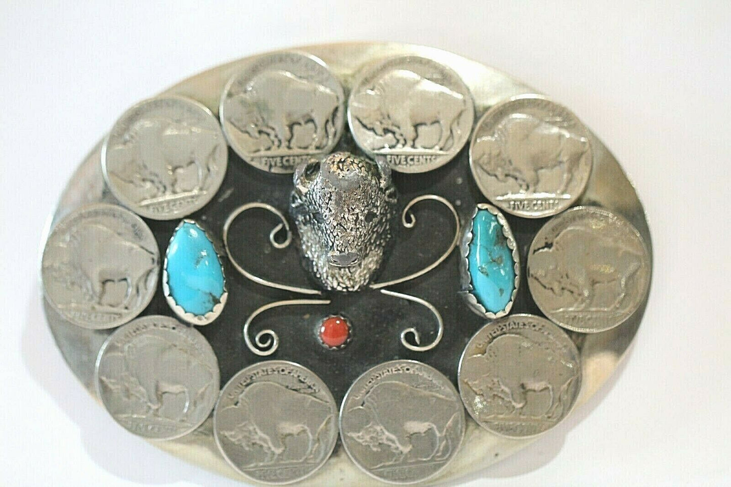 LG NATIVE AMERICAN Nickel Silver Belt Buckle Turquoise Coral Buffalo Nickel