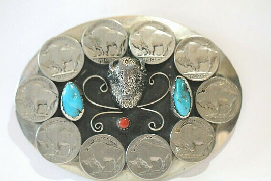 LG NATIVE AMERICAN Nickel Silver Belt Buckle Turquoise Coral Buffalo Nickel