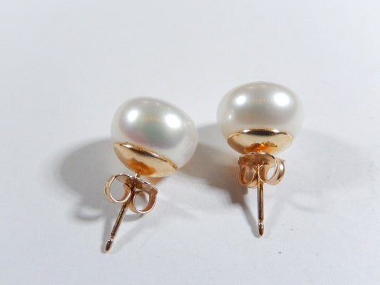 *NEW*  14K Yellow Gold 11mm Button Sea Pearl Round  Stud Earrings